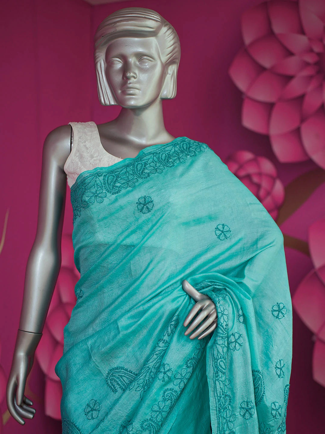 Ada Hand Embroidered Teal Aqua Blue Silk Lucknowi Chikankari Saree With Blouse 01A397947