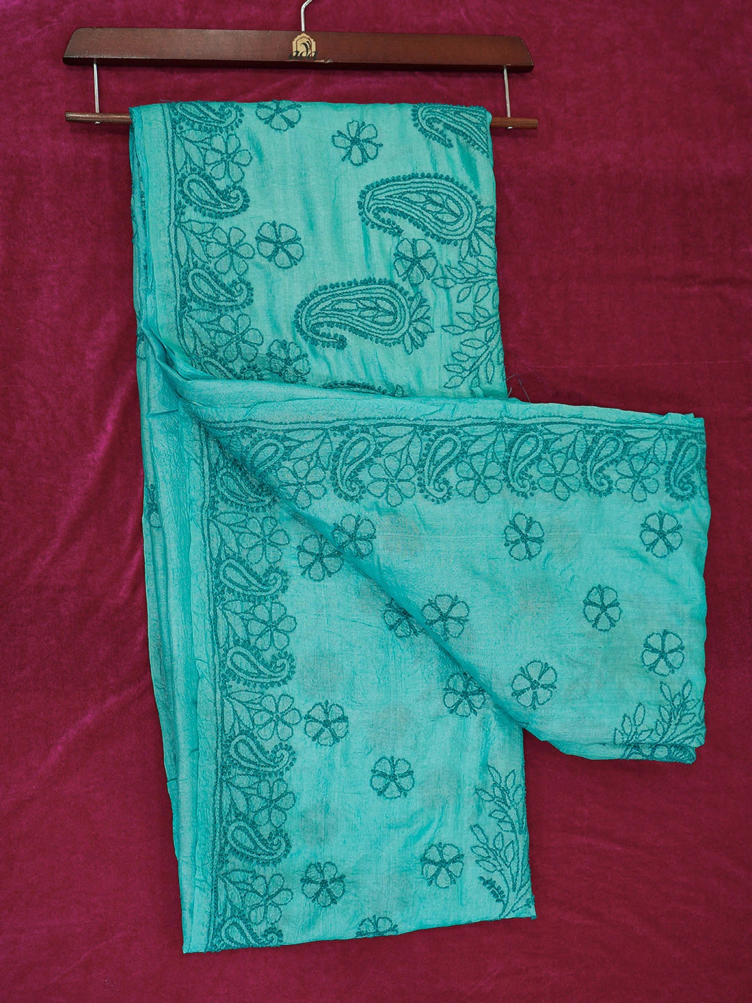 Ada Hand Embroidered Teal Aqua Blue Silk Lucknowi Chikankari Saree With Blouse 01A397947