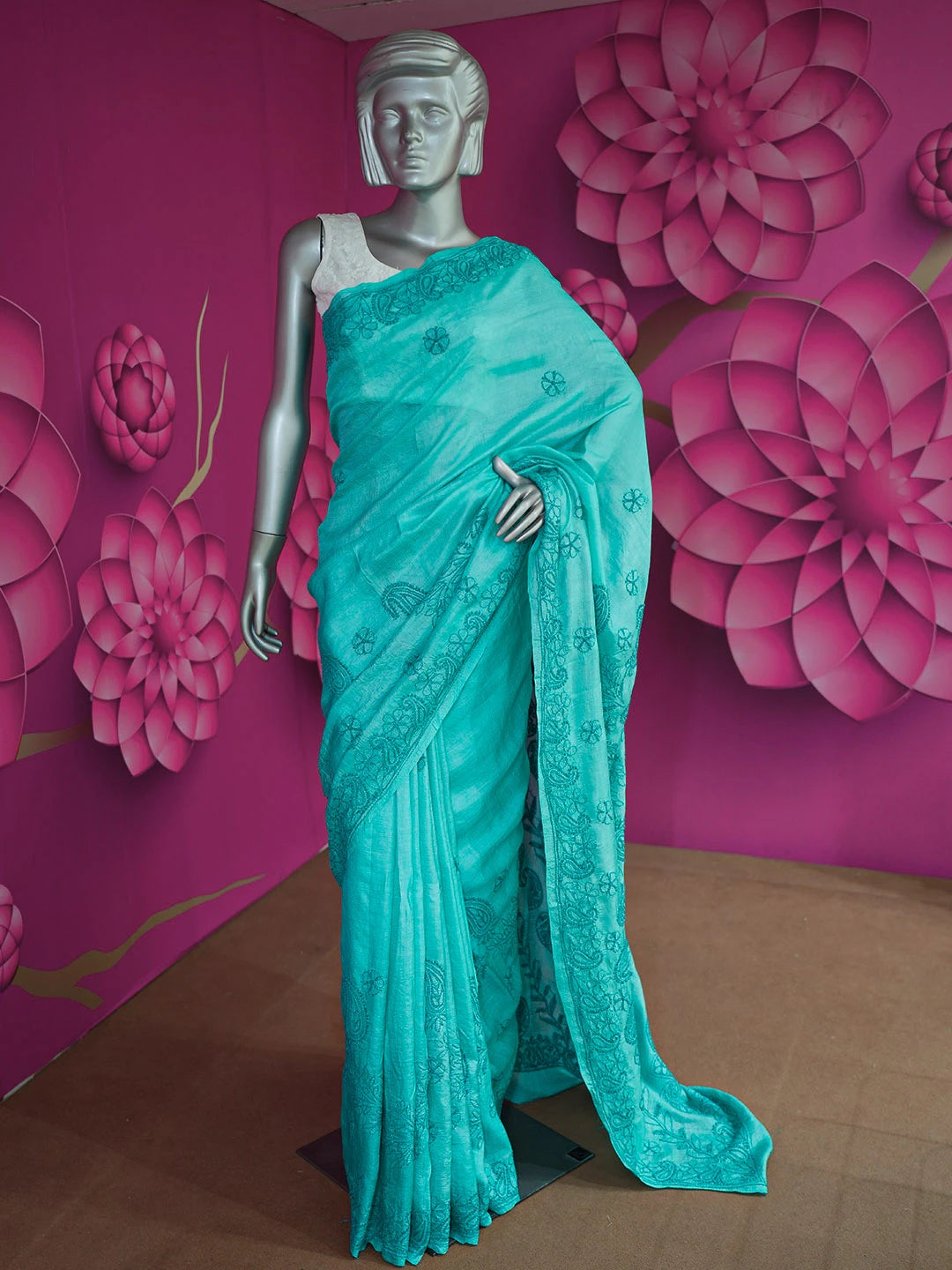 Ada Hand Embroidered Teal Aqua Blue Silk Lucknowi Chikankari Saree With Blouse 01A397947