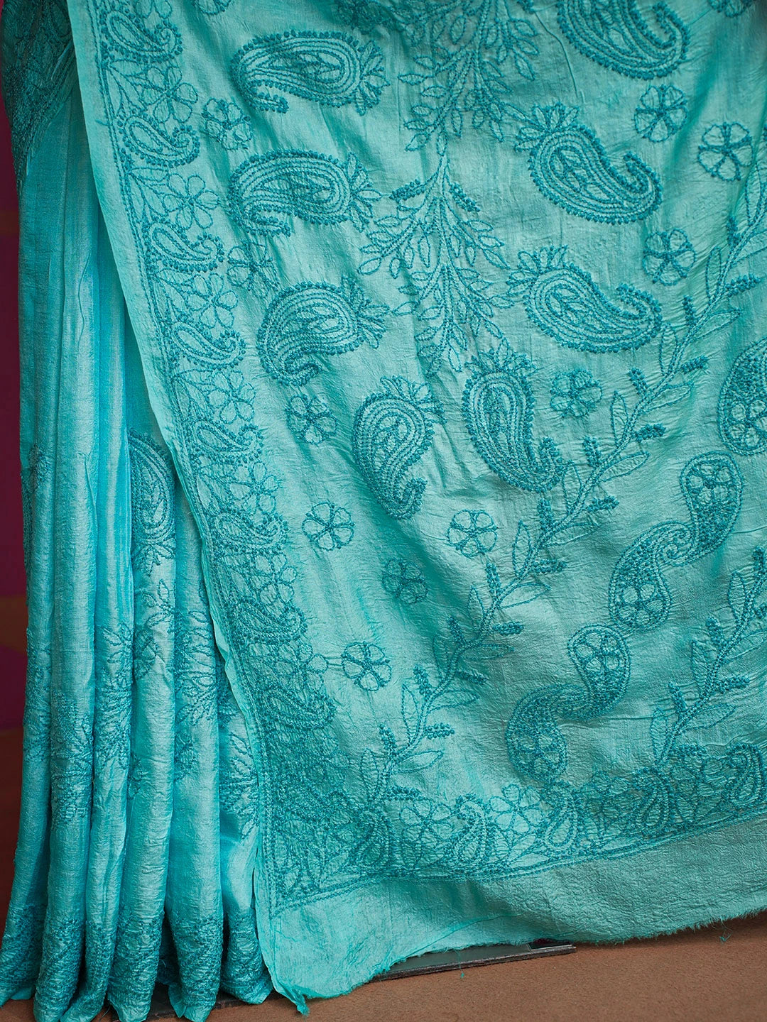 Ada Hand Embroidered Teal Aqua Blue Silk Lucknowi Chikankari Saree With Blouse 01A397947