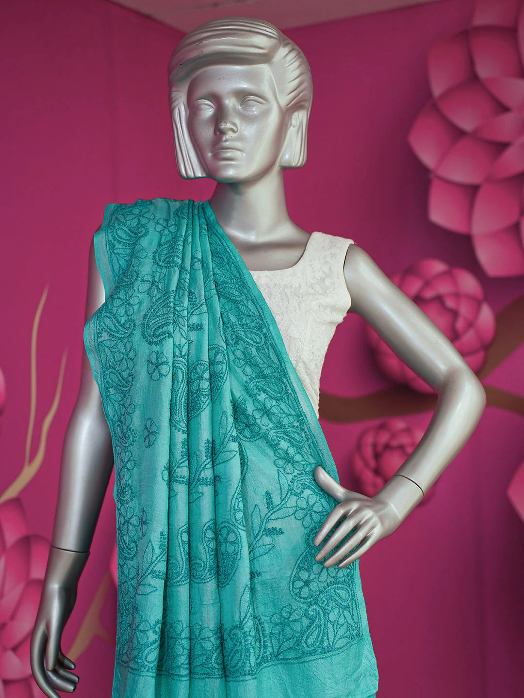 Ada Hand Embroidered Teal Aqua Blue Silk Lucknowi Chikankari Saree With Blouse 01A397947