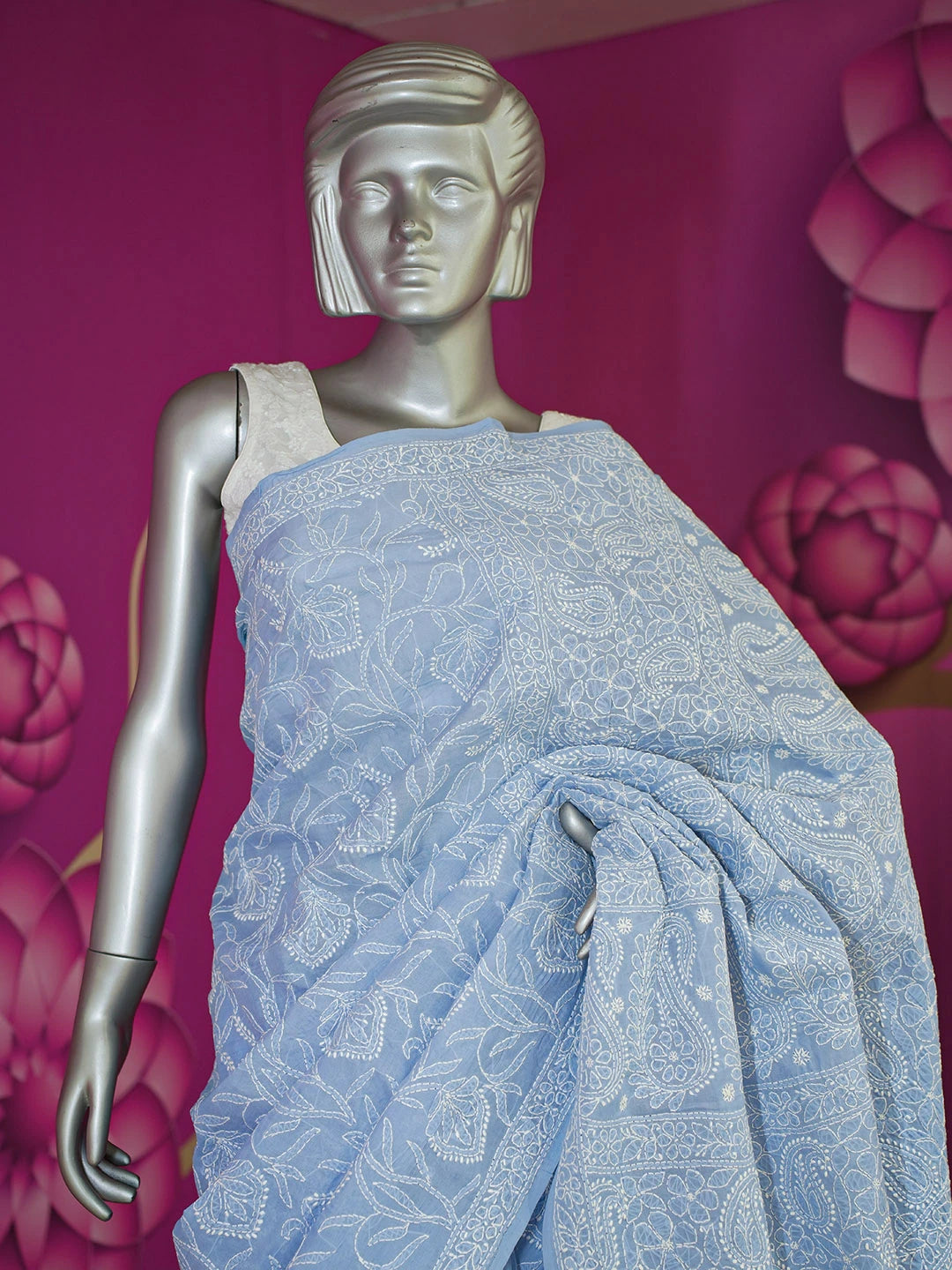 Ada Hand Embroidered Sky Blue Pure Cotton Lucknowi Chikankari Saree With Blouse 01A568185