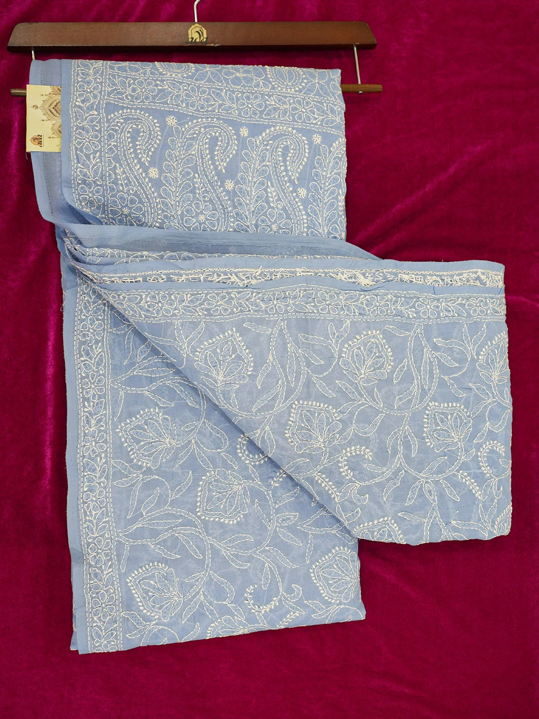 Ada Hand Embroidered Sky Blue Pure Cotton Lucknowi Chikankari Saree With Blouse 01A568185