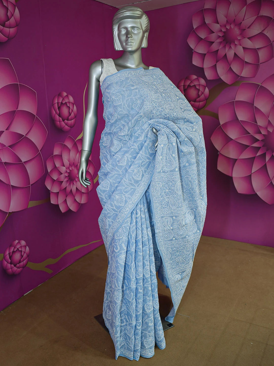 Ada Hand Embroidered Sky Blue Pure Cotton Lucknowi Chikankari Saree With Blouse 01A568185