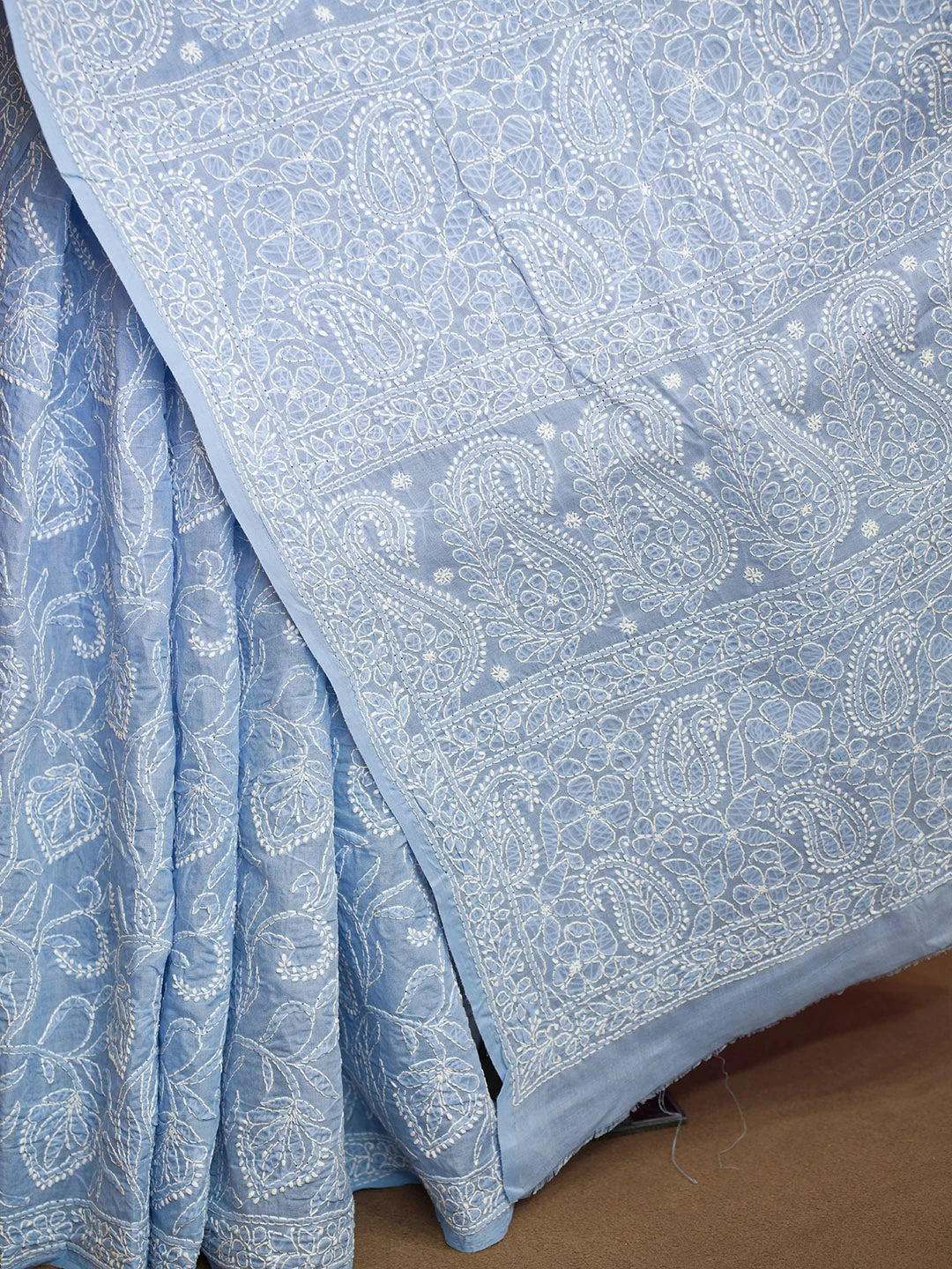 Ada Hand Embroidered Sky Blue Pure Cotton Lucknowi Chikankari Saree With Blouse 01A568185