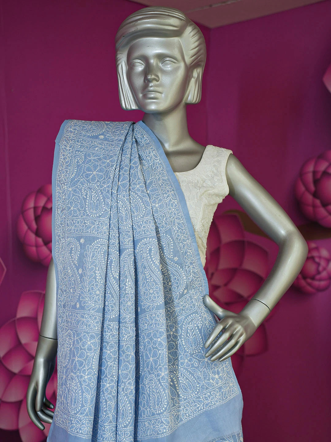 Ada Hand Embroidered Sky Blue Pure Cotton Lucknowi Chikankari Saree With Blouse 01A568185