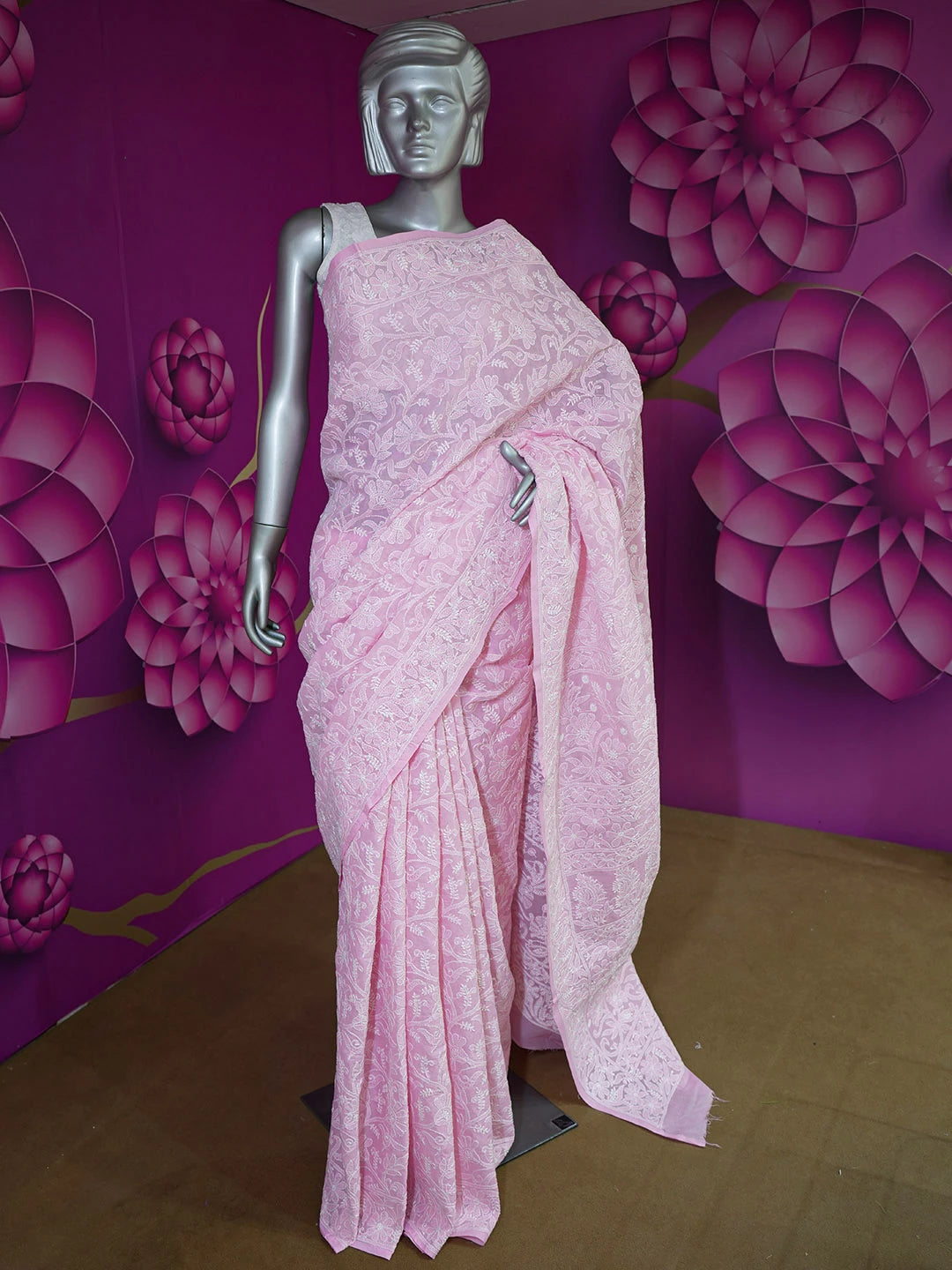 Ada Hand Embroidered Pink Pure Cotton Lucknowi Chikankari Saree With Blouse 01A562475