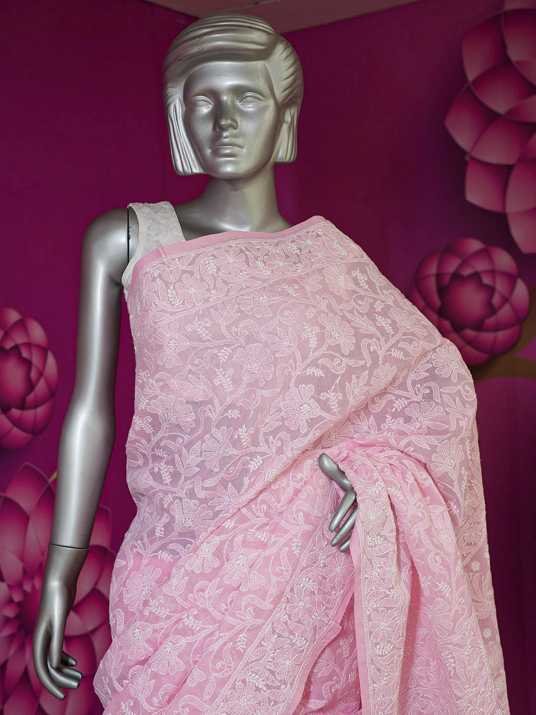Ada Hand Embroidered Pink Pure Cotton Lucknowi Chikankari Saree With Blouse 01A562475