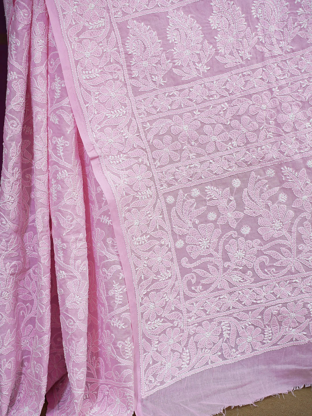 Ada Hand Embroidered Pink Pure Cotton Lucknowi Chikankari Saree With Blouse 01A562475