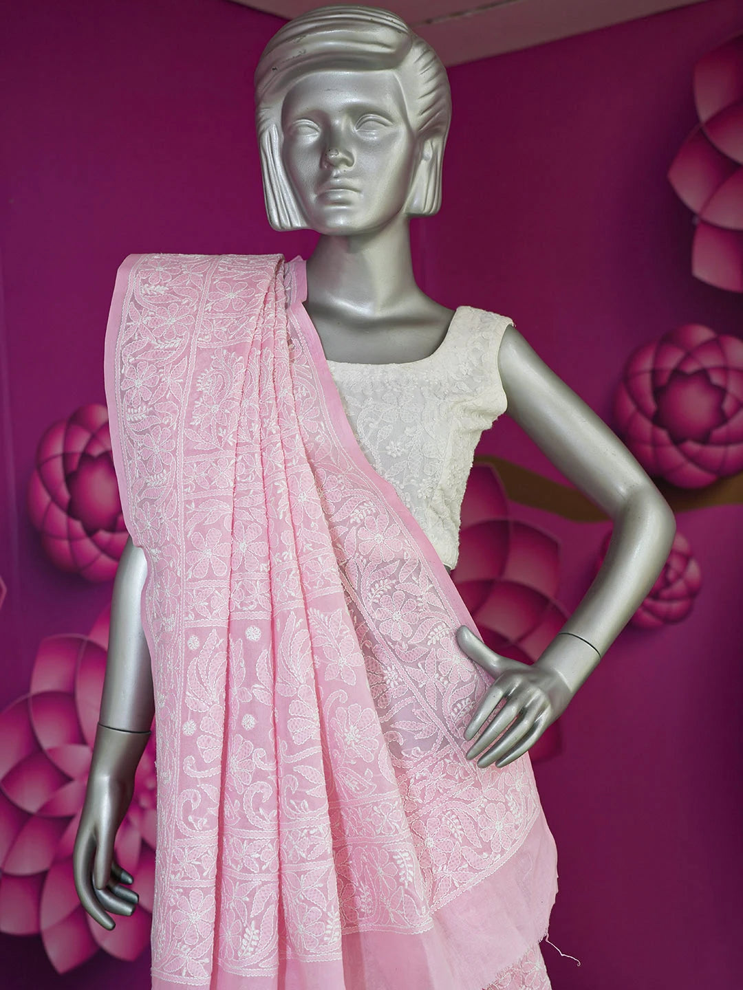 Ada Hand Embroidered Pink Pure Cotton Lucknowi Chikankari Saree With Blouse 01A562475