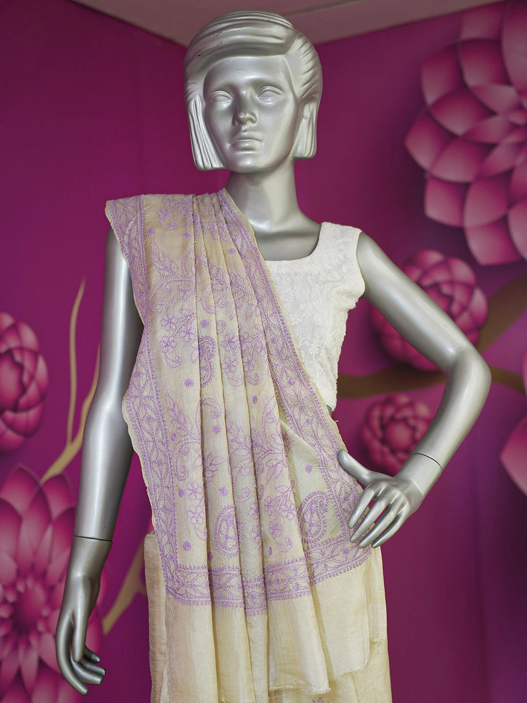 Ada Hand Embroidered Cream Tussar Silk Lucknowi Chikankari Saree With Blouse 01A474990