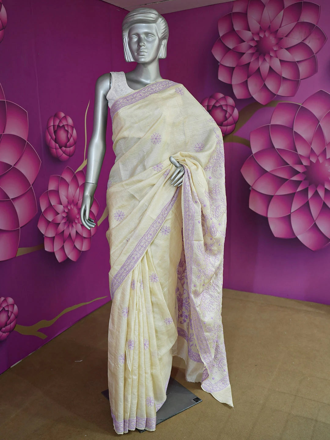 Ada Hand Embroidered Cream Tussar Silk Lucknowi Chikankari Saree With Blouse 01A474990