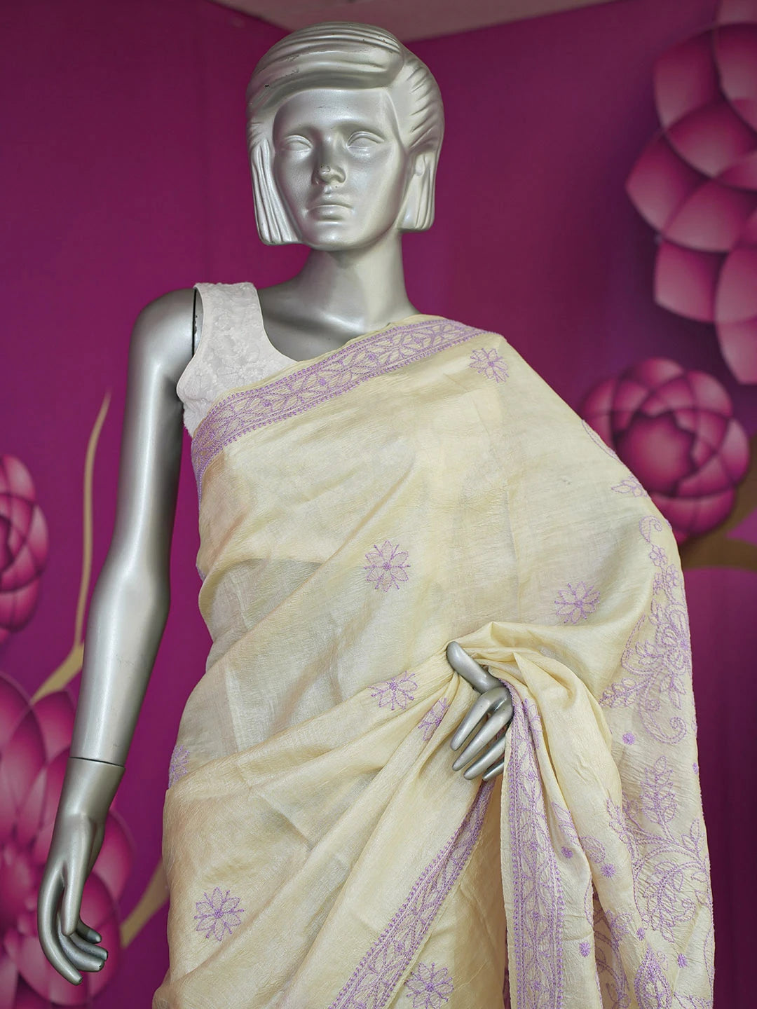 Ada Hand Embroidered Cream Tussar Silk Lucknowi Chikankari Saree With Blouse 01A474990