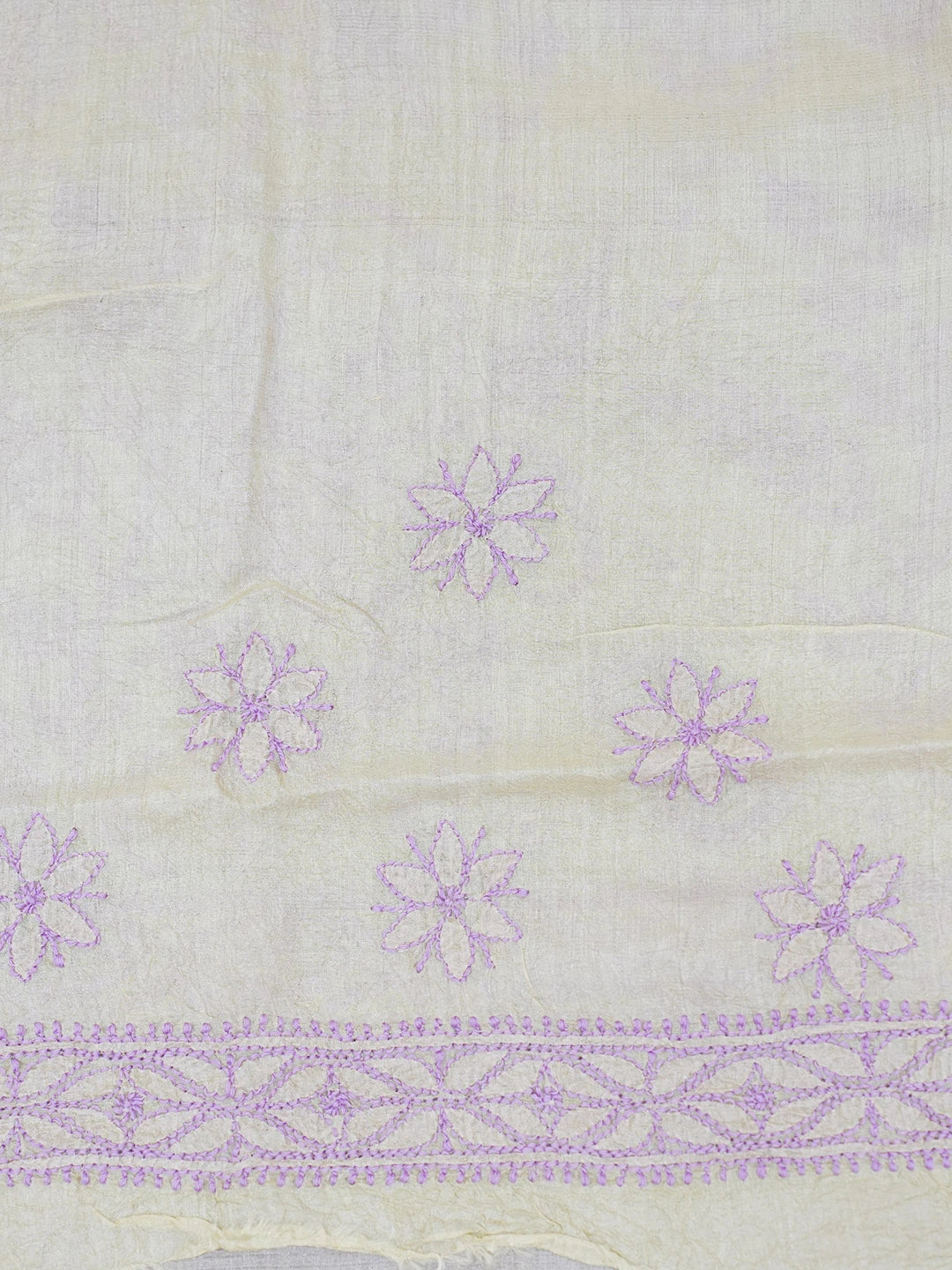 Ada Hand Embroidered Cream Tussar Silk Lucknowi Chikankari Saree With Blouse 01A474990