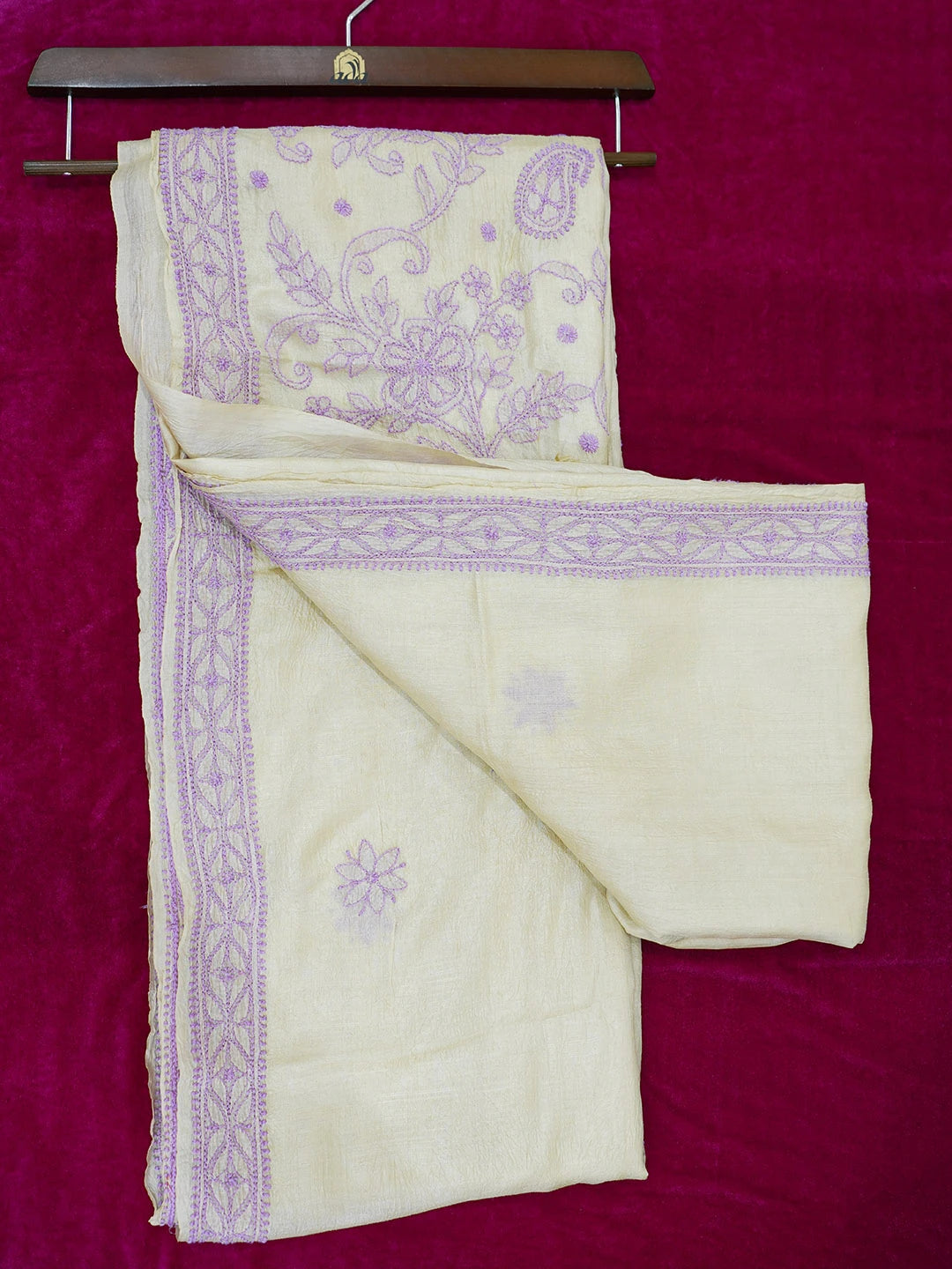 Ada Hand Embroidered Cream Tussar Silk Lucknowi Chikankari Saree With Blouse 01A474990