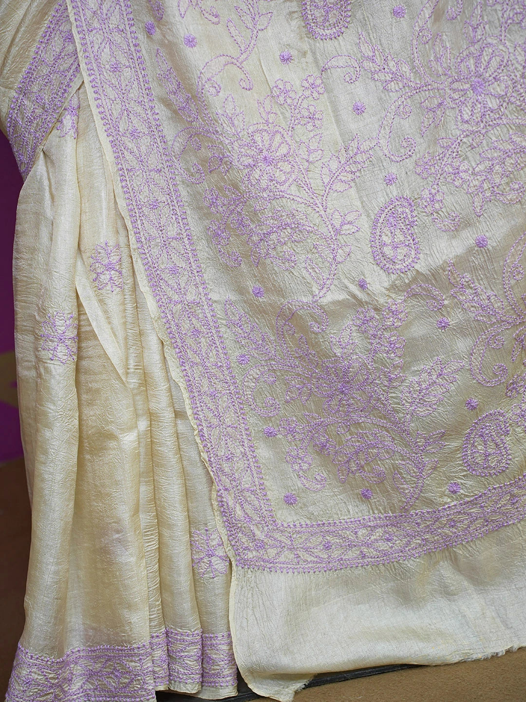 Ada Hand Embroidered Cream Tussar Silk Lucknowi Chikankari Saree With Blouse 01A474990