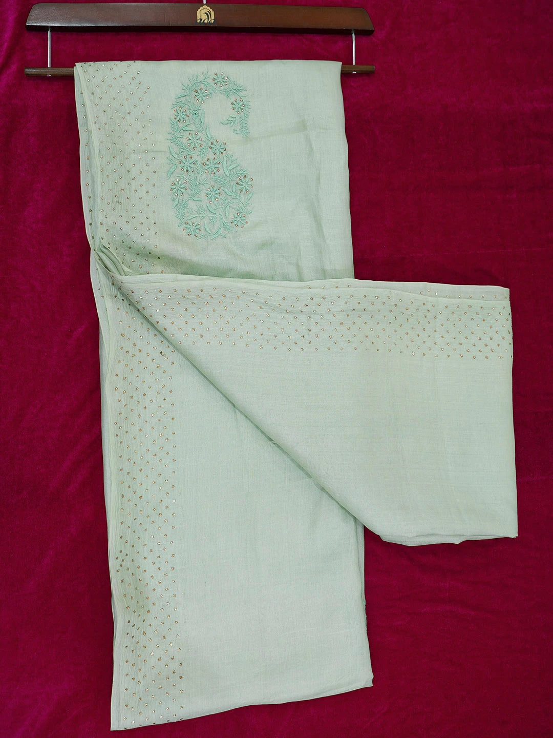 Ada Hand Embroidered Sea Green Tussar Silk Lucknowi Chikankari Saree and Blouse With Muqaish Work 01A523876