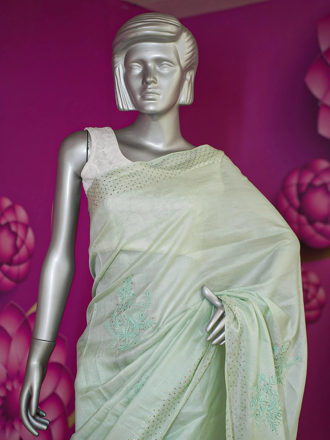 Ada Hand Embroidered Sea Green Tussar Silk Lucknowi Chikankari Saree and Blouse With Muqaish Work 01A523876