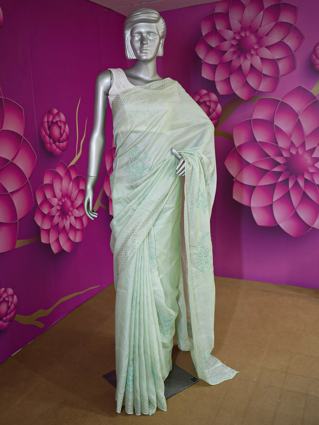 Ada Hand Embroidered Sea Green Tussar Silk Lucknowi Chikankari Saree and Blouse With Muqaish Work 01A523876