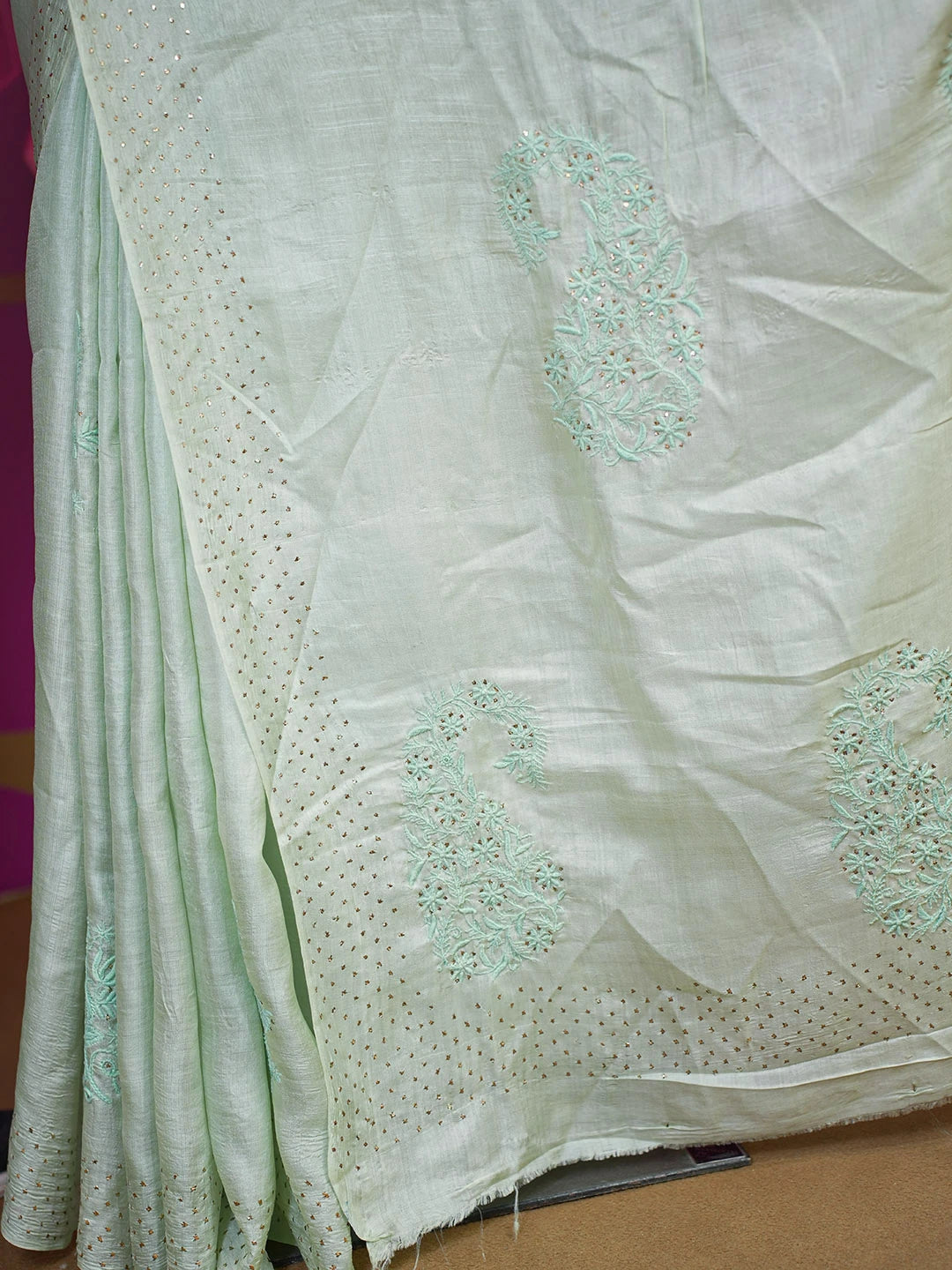 Ada Hand Embroidered Sea Green Tussar Silk Lucknowi Chikankari Saree and Blouse With Muqaish Work 01A523876