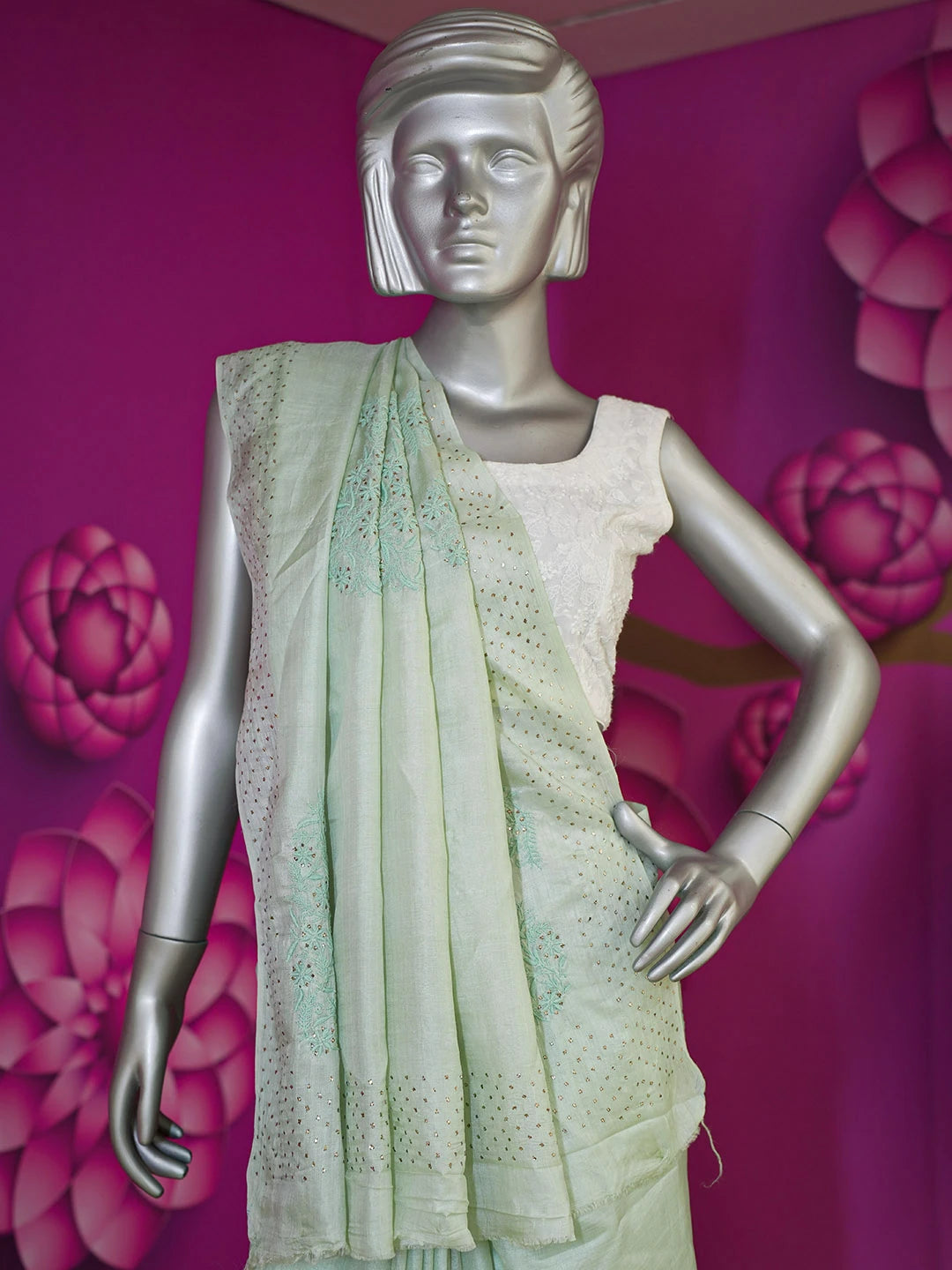 Ada Hand Embroidered Sea Green Tussar Silk Lucknowi Chikankari Saree and Blouse With Muqaish Work 01A523876