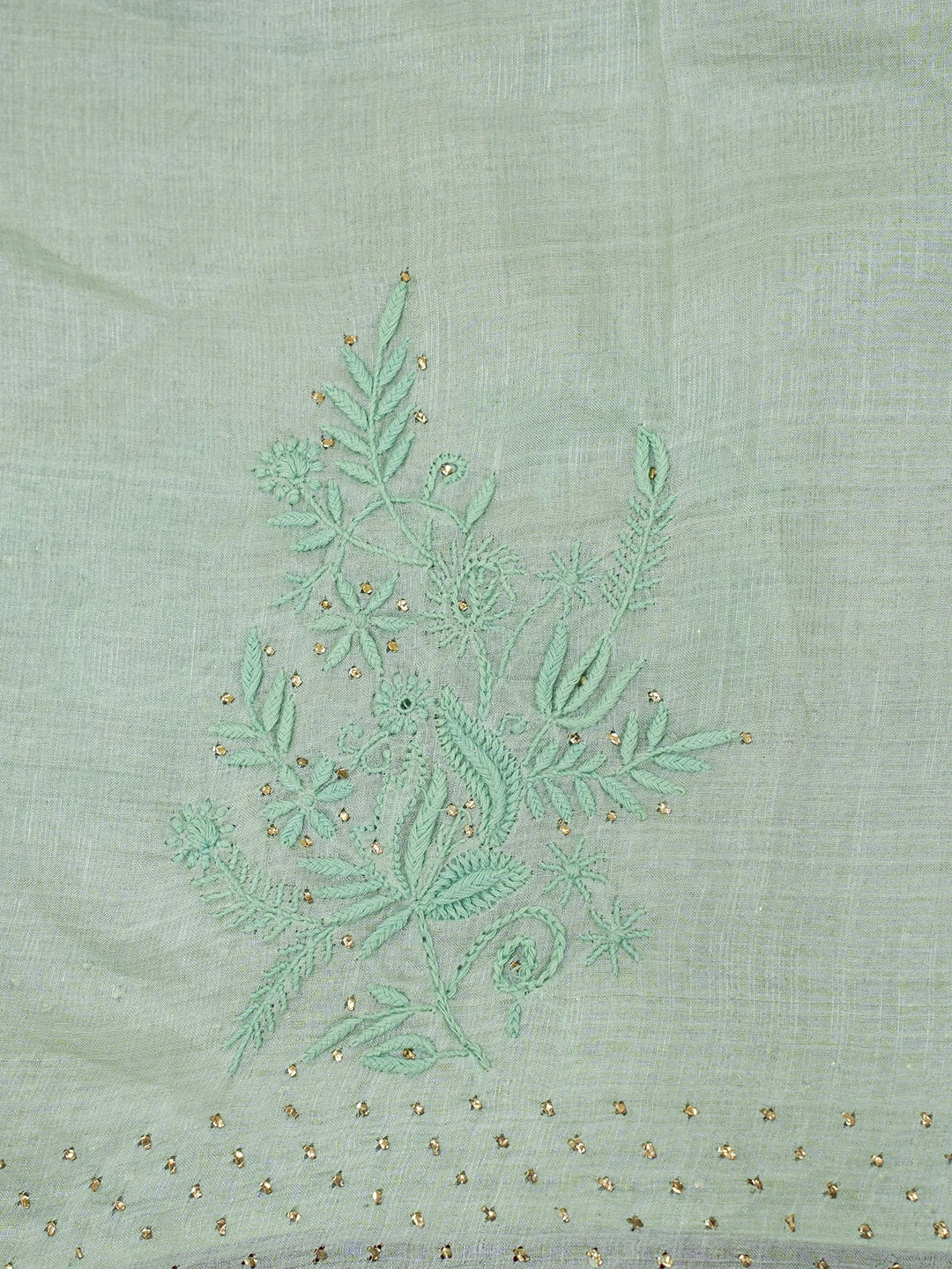 Ada Hand Embroidered Sea Green Tussar Silk Lucknowi Chikankari Saree and Blouse With Muqaish Work 01A523876