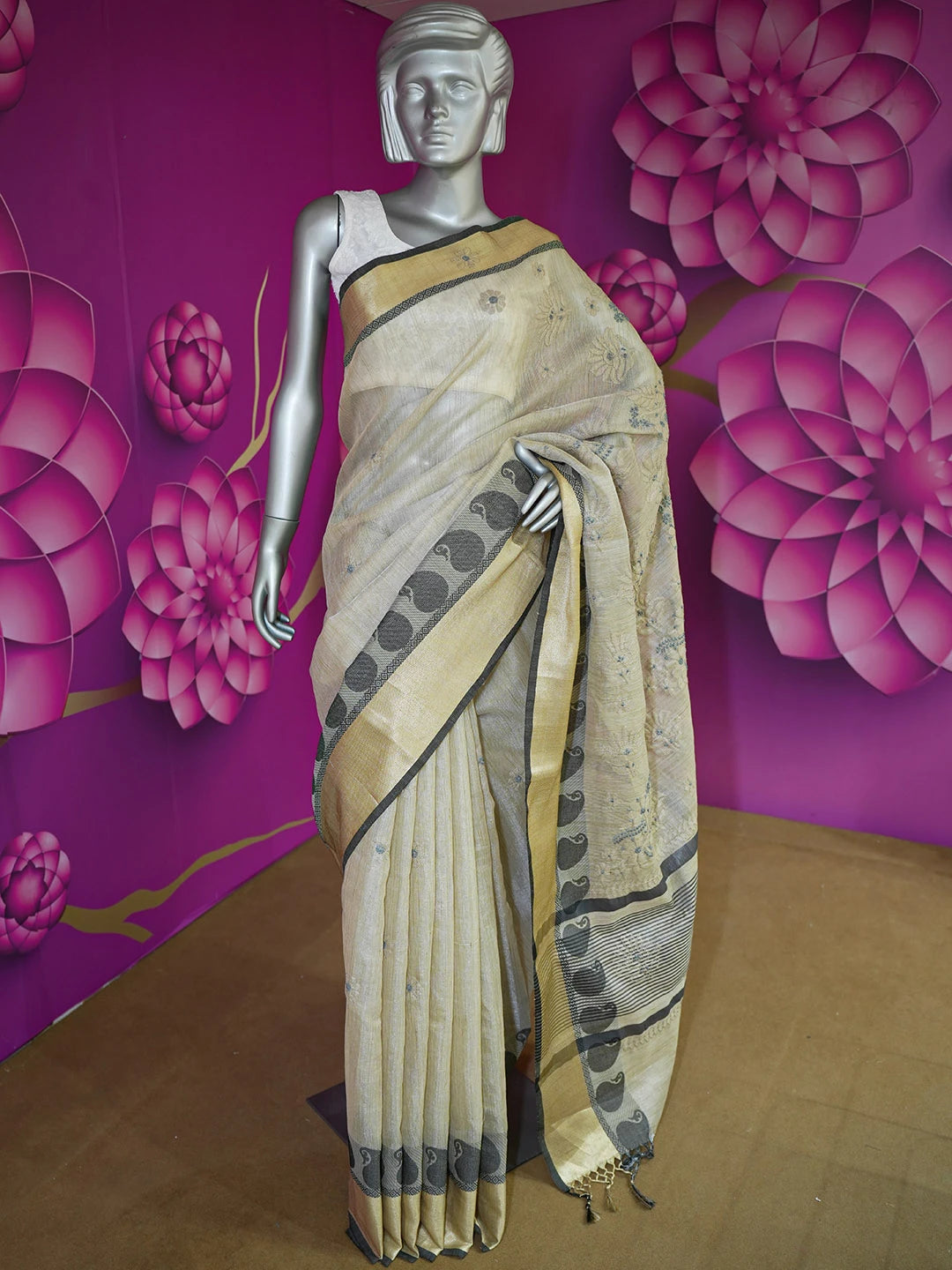 Ada Hand Embroidered Fawn Tissue Lucknowi Chikankari Saree With Blouse 01A572694