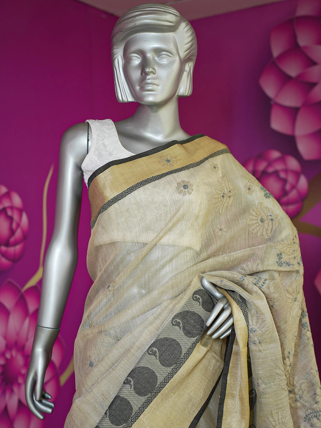 Ada Hand Embroidered Fawn Tissue Lucknowi Chikankari Saree With Blouse 01A572694
