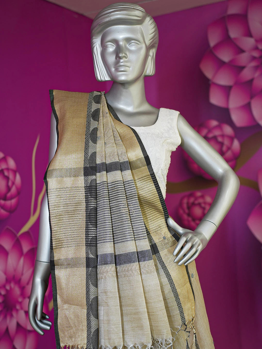 Ada Hand Embroidered Fawn Tissue Lucknowi Chikankari Saree With Blouse 01A572694
