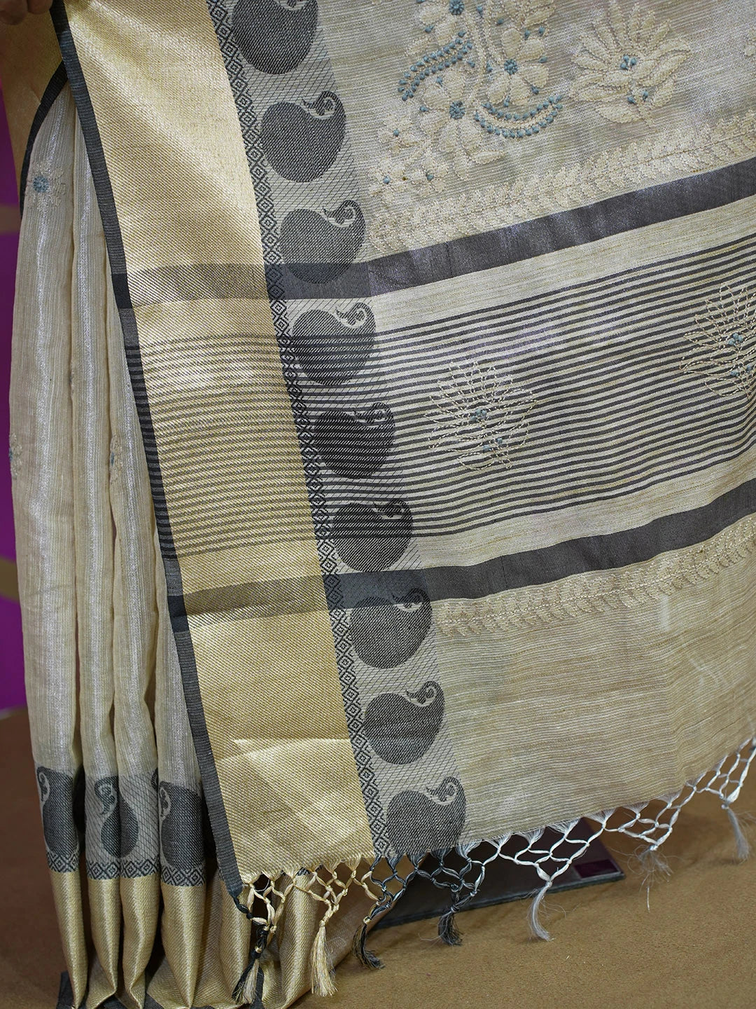 Ada Hand Embroidered Fawn Tissue Lucknowi Chikankari Saree With Blouse 01A572694