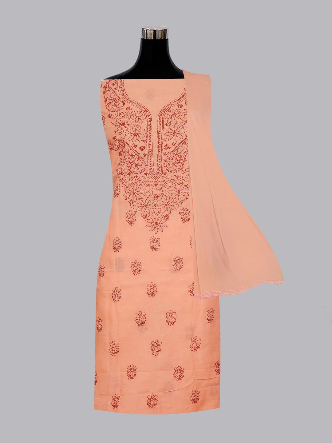 Ada Hand Embroidered Peach Cotton Lucknowi Chikankari Unstitched Suit Set 01A602421