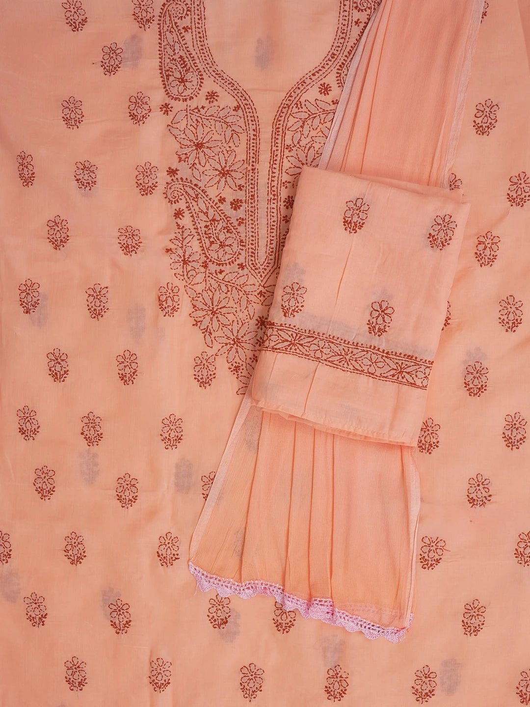 Ada Hand Embroidered Peach Cotton Lucknowi Chikankari Unstitched Suit Set 01A602421