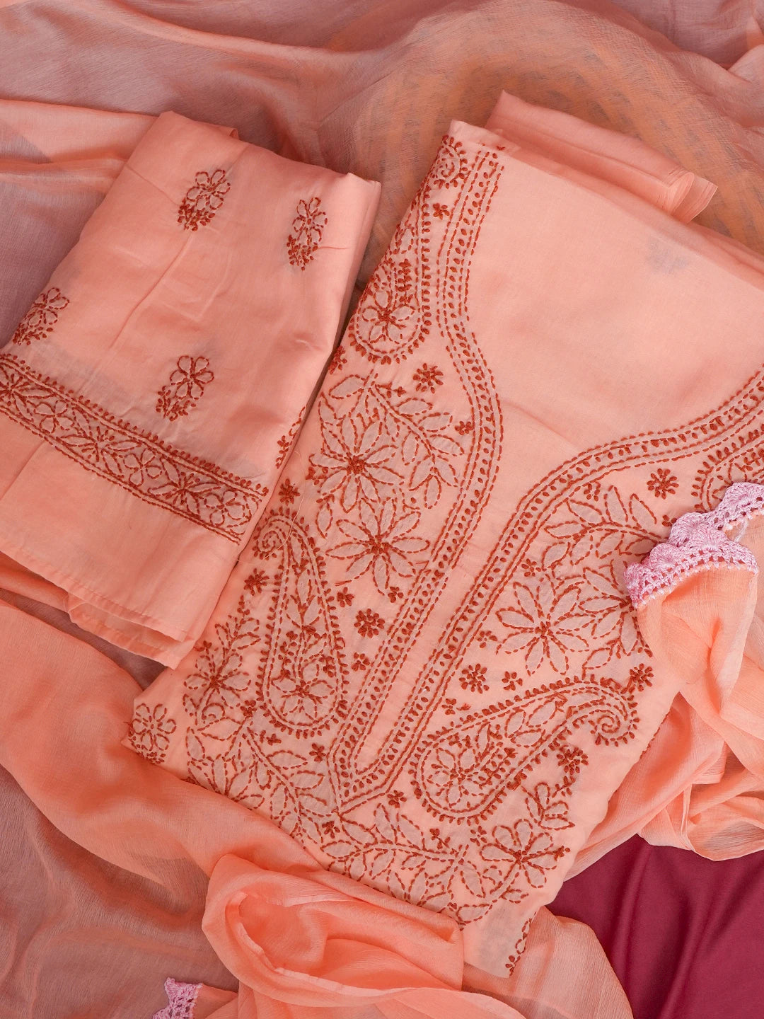 Ada Hand Embroidered Peach Cotton Lucknowi Chikankari Unstitched Suit Set 01A602421