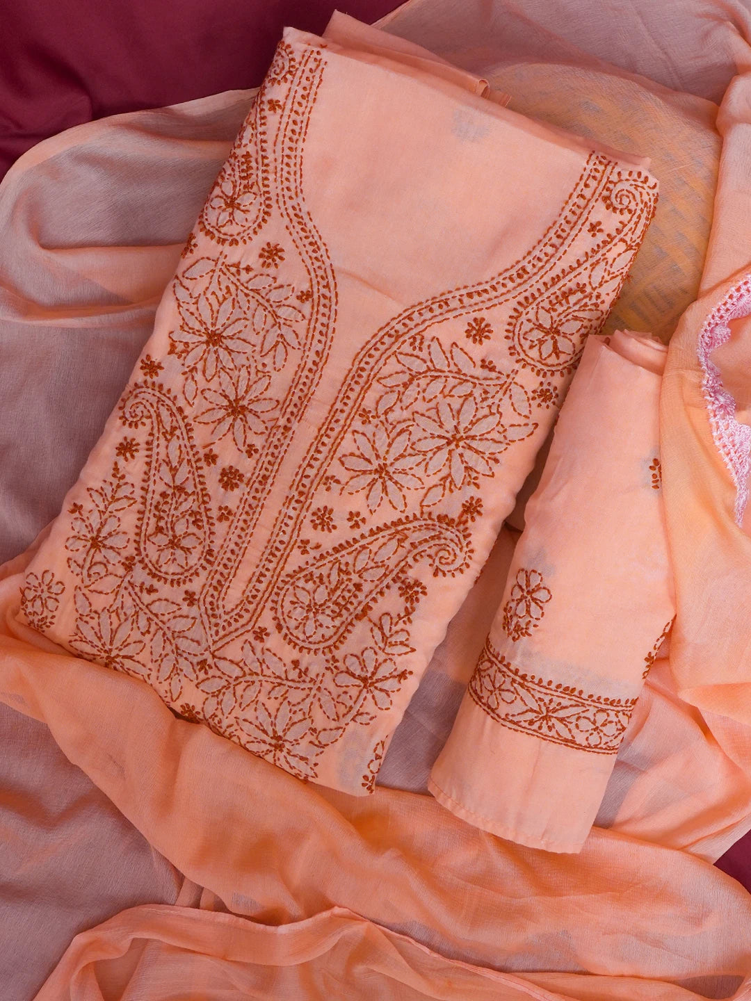 Ada Hand Embroidered Peach Cotton Lucknowi Chikankari Unstitched Suit Set 01A602421