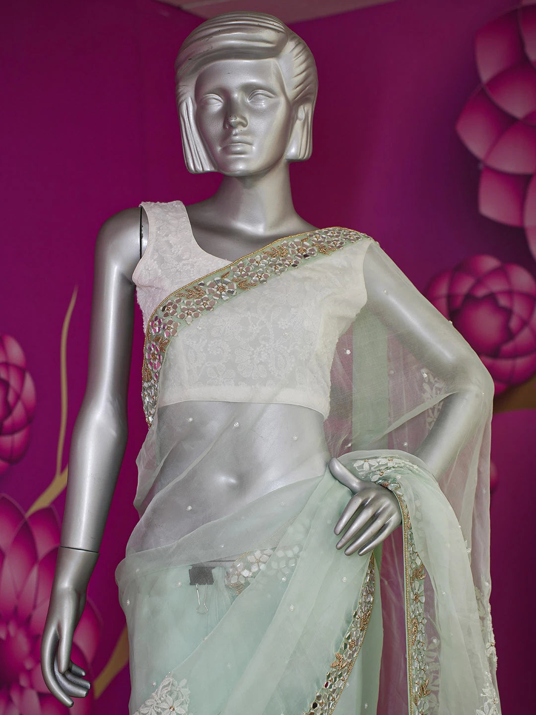 Ada Hand Embroidered Celadon Green Organza Lucknowi Chikankari Saree and Blouse With Mirror Work 01A584206