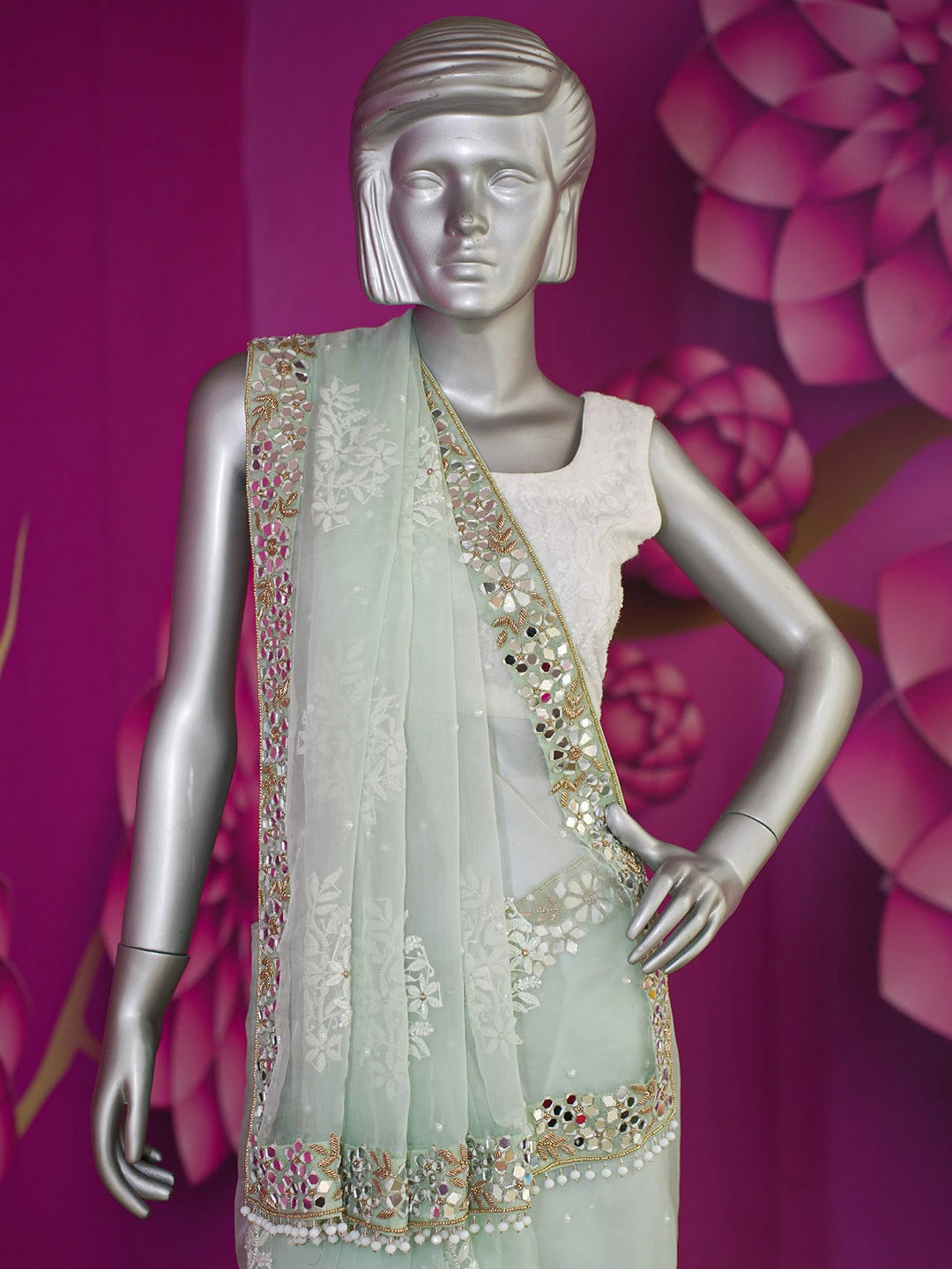 Ada Hand Embroidered Celadon Green Organza Lucknowi Chikankari Saree and Blouse With Mirror Work 01A584206