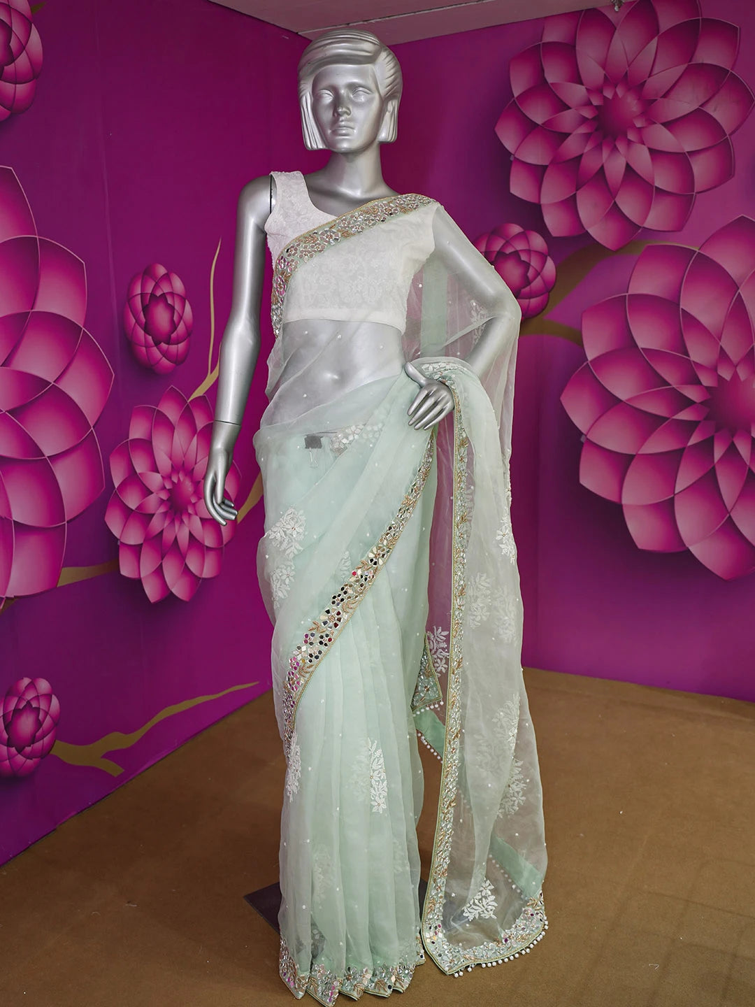 Ada Hand Embroidered Celadon Green Organza Lucknowi Chikankari Saree and Blouse With Mirror Work 01A584206