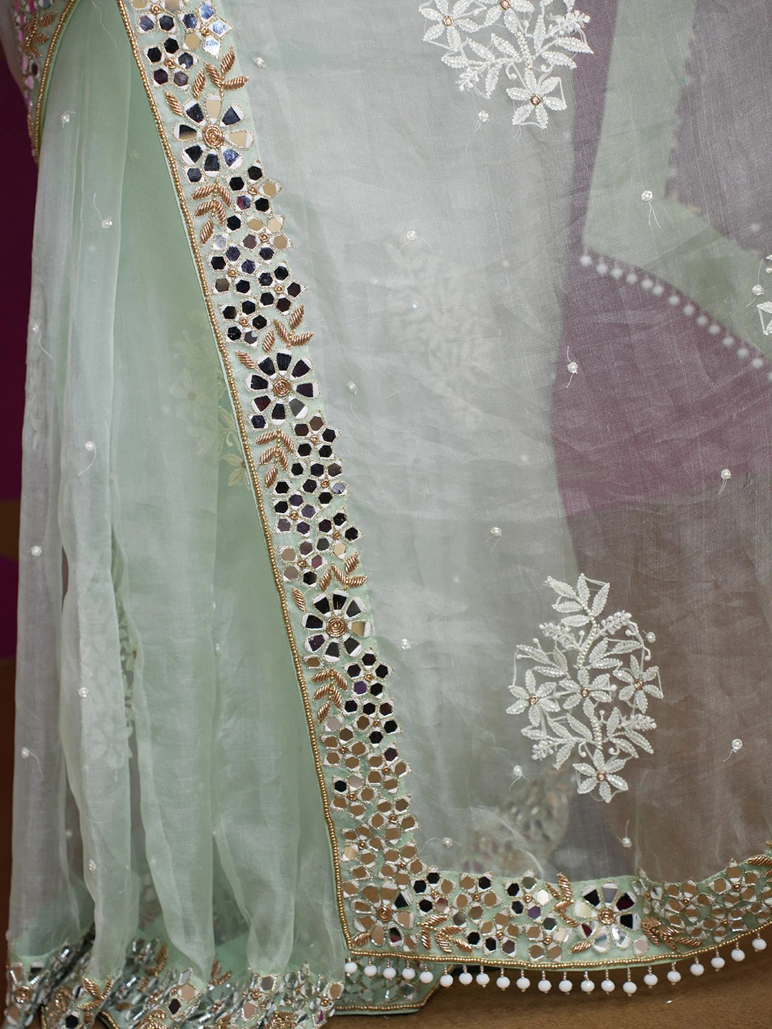 Ada Hand Embroidered Celadon Green Organza Lucknowi Chikankari Saree and Blouse With Mirror Work 01A584206