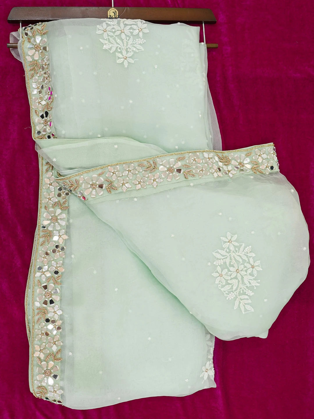 Ada Hand Embroidered Celadon Green Organza Lucknowi Chikankari Saree and Blouse With Mirror Work 01A584206
