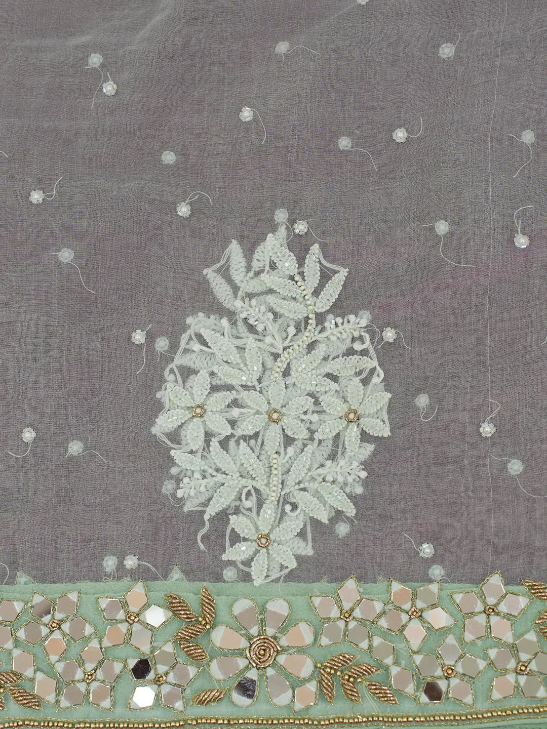 Ada Hand Embroidered Celadon Green Organza Lucknowi Chikankari Saree and Blouse With Mirror Work 01A584206