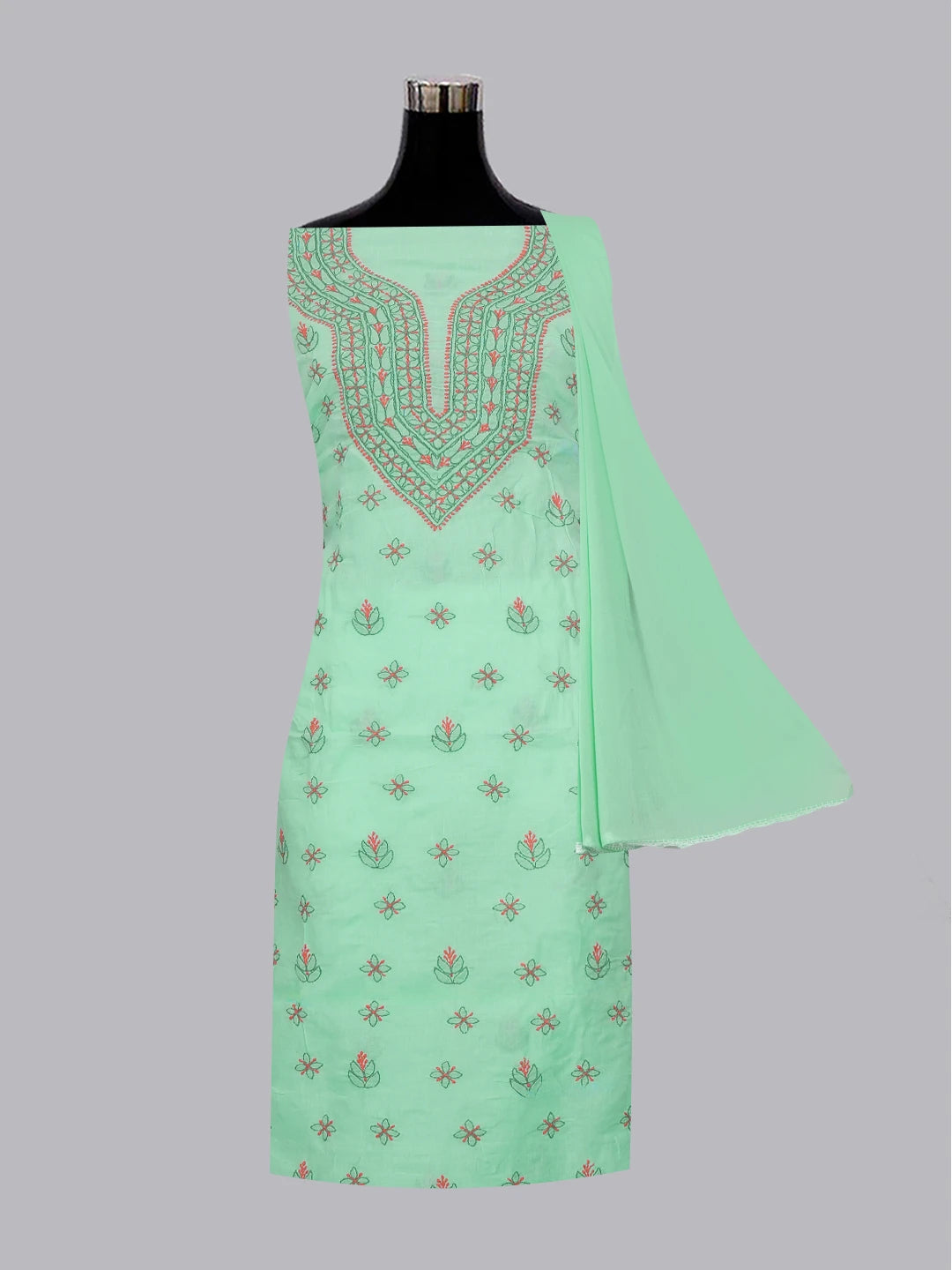 Ada Hand Embroidered Sea Green Cotton Lucknowi Chikankari Unstitched Suit Piece 01A605943
