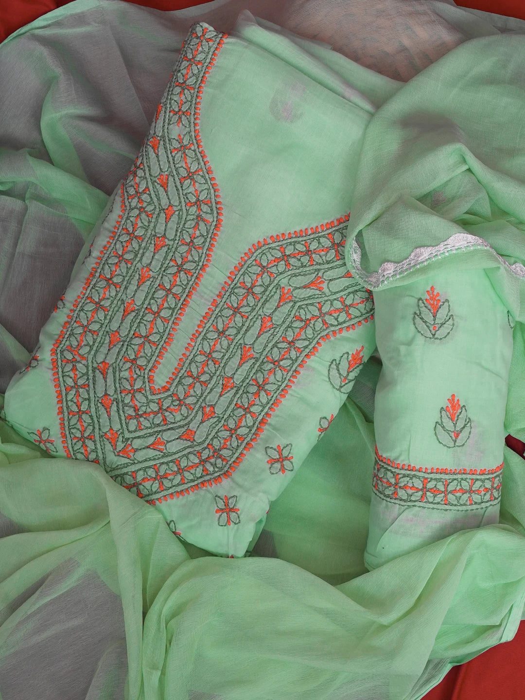 Ada Hand Embroidered Sea Green Cotton Lucknowi Chikankari Unstitched Suit Piece 01A605943