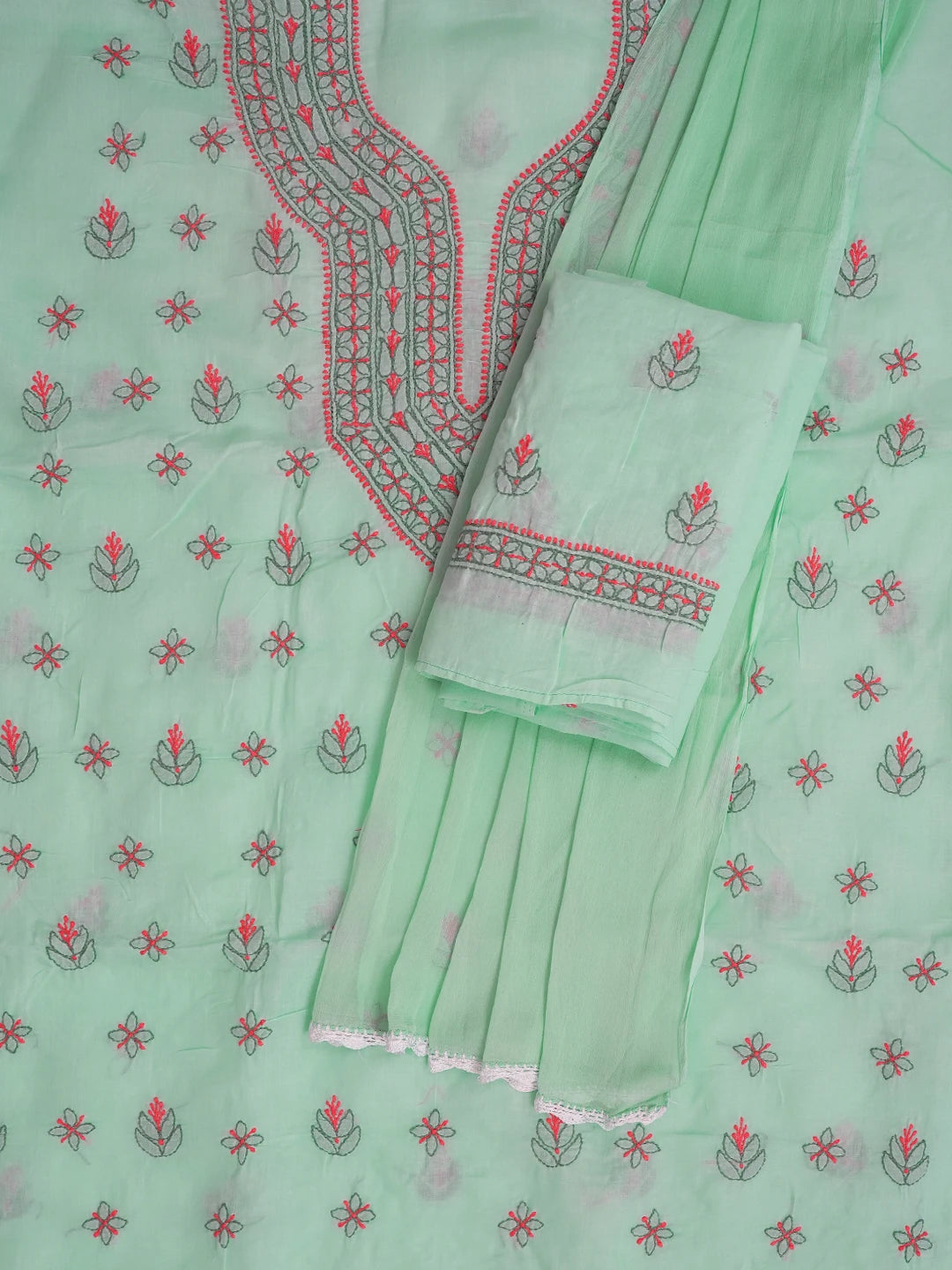 Ada Hand Embroidered Sea Green Cotton Lucknowi Chikankari Unstitched Suit Piece 01A605943