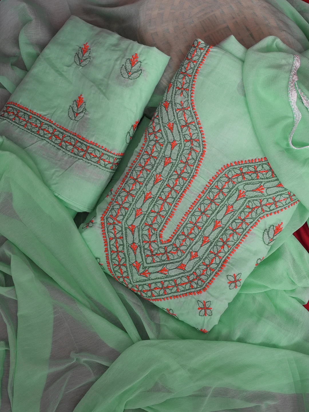 Ada Hand Embroidered Sea Green Cotton Lucknowi Chikankari Unstitched Suit Piece 01A605943