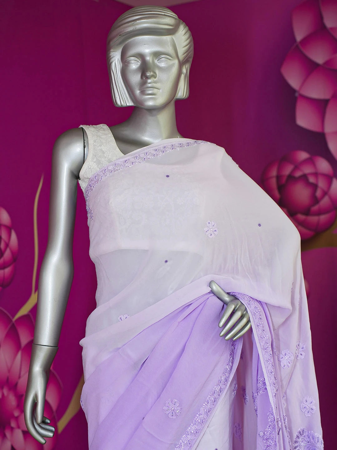 Ada Hand Embroidered Ombre Shade of Periwinkle Blue & Lavender Viscose Georgette Lucknowi Chikankari Saree and Blouse With Cutdana Work 01A603554