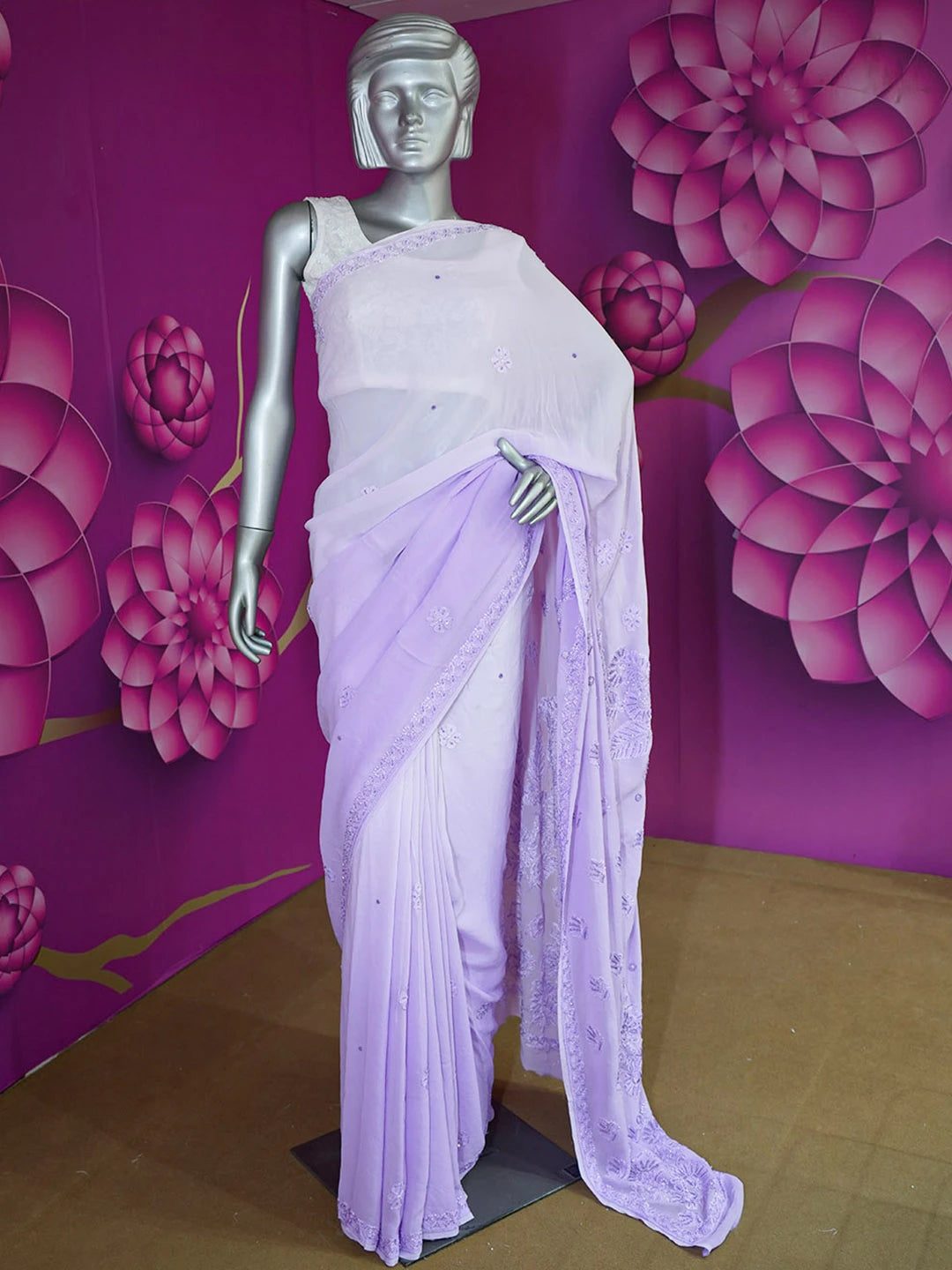 Ada Hand Embroidered Ombre Shade of Periwinkle Blue & Lavender Viscose Georgette Lucknowi Chikankari Saree and Blouse With Cutdana Work 01A603554
