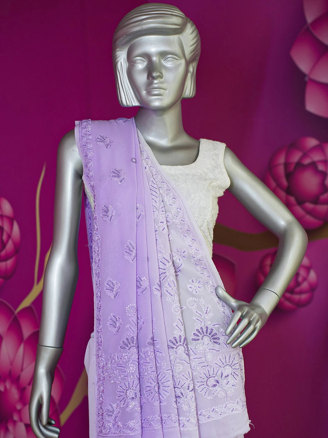 Ada Hand Embroidered Ombre Shade of Periwinkle Blue & Lavender Viscose Georgette Lucknowi Chikankari Saree and Blouse With Cutdana Work 01A603554