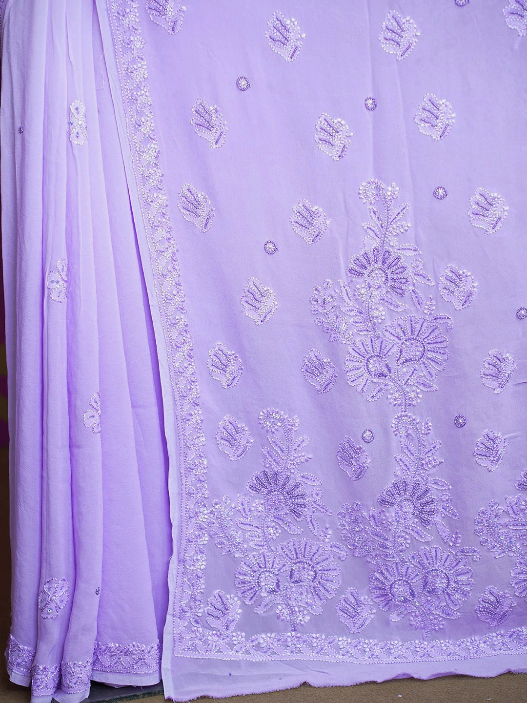 Ada Hand Embroidered Ombre Shade of Periwinkle Blue & Lavender Viscose Georgette Lucknowi Chikankari Saree and Blouse With Cutdana Work 01A603554