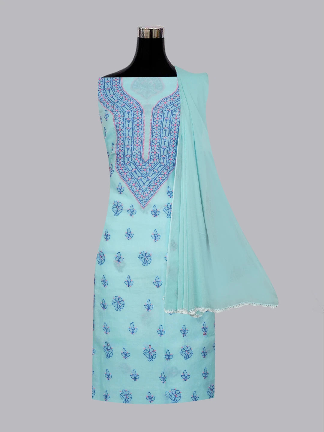 Ada Hand Embroidered Sky Blue Cotton Lucknowi Chikankari Unstitched Suit Piece 01A605926