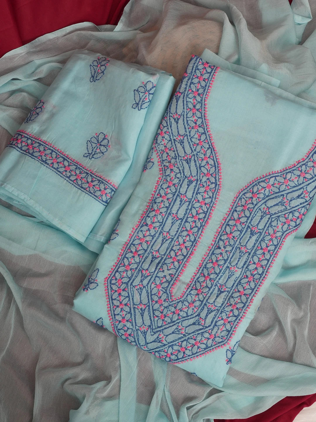 Ada Hand Embroidered Sky Blue Cotton Lucknowi Chikankari Unstitched Suit Piece 01A605926